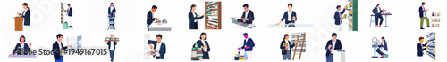 Comprehensive collection of pharmacist characters performing various tasks like dispensing medicine, organizing shelves, and managing pharmaceutical supplies in a pharmacy setting.