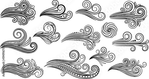 Collection of decorative wind swirl designs with various elements
