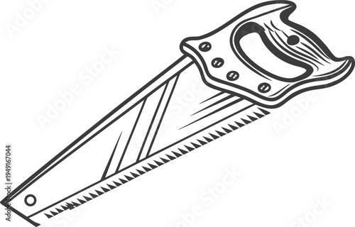 Old Hand Saw Woodworking Tool Engraving Illustration, Vintage Carpenter Saw Line Art
