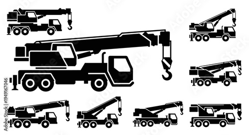 Mobile Crane Icons Construction Vehicles Heavy Machinery Lifting Equipment.