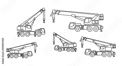 Mobile Crane Set Construction Vehicles Line Art.