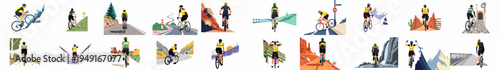 Set of vector illustrations featuring solo cyclists riding through diverse scenic landscapes including mountains, deserts, coastal roads, and rural countryside paths.