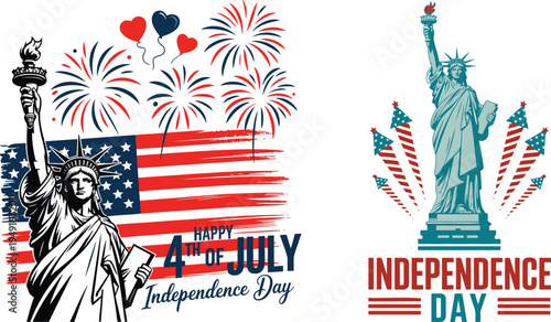 Iconic Statue of Liberty celebrating Independence Day with fireworks and patriotic flag visuals