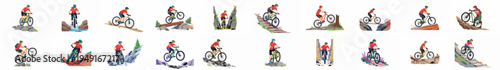 Collection of 20 flat vector illustrations featuring men and women mountain biking across diverse outdoor terrains like rocks, mud, and narrow trails.