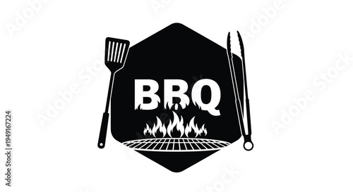 Black and white logo featuring bbq tools and a flame design
