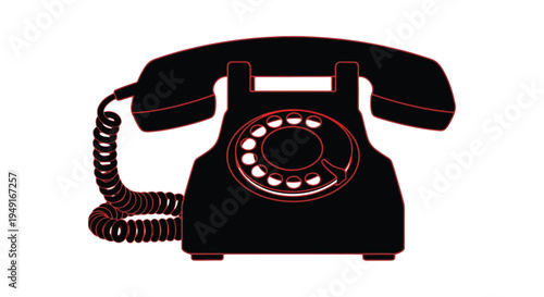 A vintage black rotary telephone with a red outline is prominently displayed