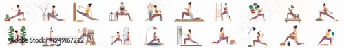 Flat vector collection of a woman practicing various yoga poses, mindfulness, and wellness routines in a cozy, bohemian-style home environment.