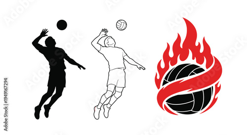 Volleyball players in action with a fiery ball illustration