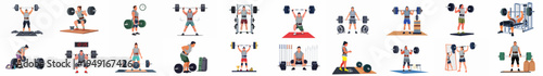 A collection of flat vector illustrations depicting diverse men and women performing various weightlifting and powerlifting exercises in a gym setting.