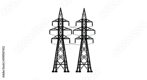 Black and white illustration of two electrical transmission pylons against a white background