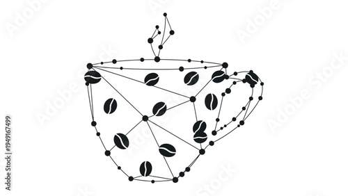Coffee Cup Concept: A striking graphic illustration of a coffee cup, artfully constructed with interconnected points and lines, showcasing coffee beans within.