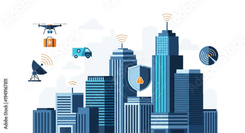 Smart city technology illustration featuring interconnected urban infrastructure with drone delivery emergency services and digital security monitoring