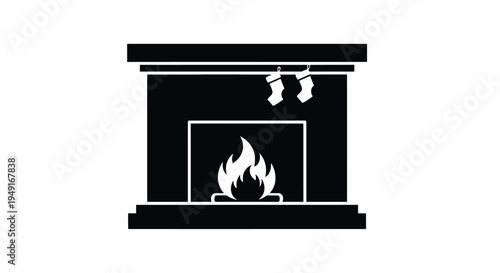 A simple black and white illustration of a fireplace with stockings