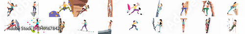 A comprehensive collection of 20 flat vector illustrations of women rock climbing in various indoor and outdoor settings, including bouldering and lead climbing.