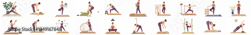 Comprehensive collection of flat vector illustrations depicting a woman practicing various yoga poses, meditation, and mindfulness rituals with props in a home studio.