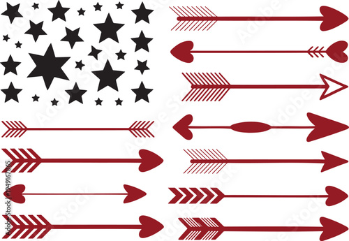 A patriotic arrangement displays numerous black stars and distinct red arrows on a clean white background