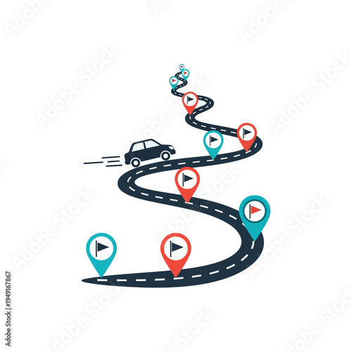 Car driving on winding road with location pins indicating travel route.