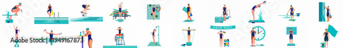 Comprehensive set of flat vector illustrations featuring a female swimmer in diverse training, competition, and poolside activities for aquatic sports themes.