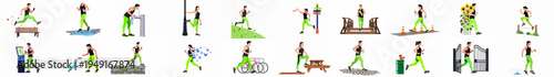 Diverse collection of vector illustrations showing people in lime green sportswear performing various outdoor running, jogging, and fitness activities in different environments.