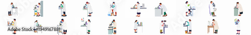 Set of diverse scientists and researchers working in laboratory with microscopes and scientific equipment, flat vector illustrations isolated on white background.