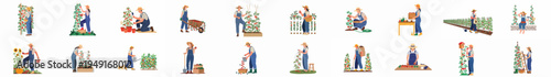 A diverse collection of flat illustrations showing men and women gardening, harvesting tomatoes, and working in vegetable patches and backyard gardens.