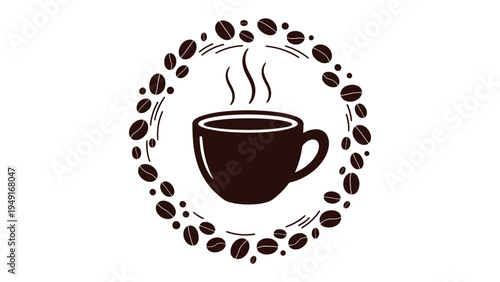 Steaming Coffee Delight: A charming, artful representation of a cup of coffee. The rich aroma is visually captured by steam rising gently above a mug, cradled within a delicate circle of coffee bean.