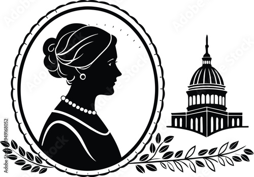 Victorian Cameo Portrait Silhouette in Ornate Oval Frame, Antique Lady Profile Engraving, Vintage Decorative Brooch Style Line Art Illustration