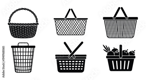 Collection of woven baskets in various shapes and styles displayed in black