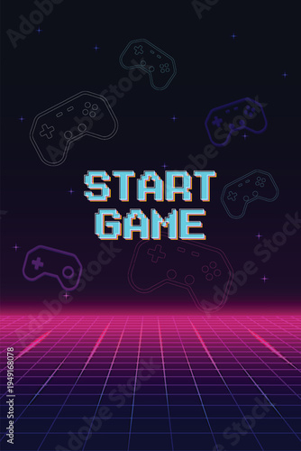 START GAME. Retro Futurism Sci-Fi Background. glowing neon grid and star from vintage arcade computer games