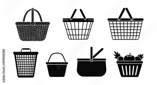 Collection of various black and white picnic and shopping baskets