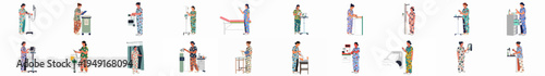 Set of Pediatric Nurse Characters in Colorful Patterned Scrubs Performing Various Medical Tasks and Healthcare Procedures in a Hospital or Clinic Setting