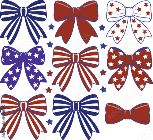 Collection of patriotic red white and blue bows with stars and stripes patterns and shapes