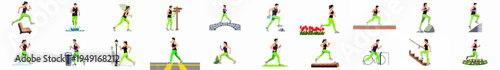 Set of flat illustrations showing men and women running in various outdoor environments, practicing healthy lifestyles and fitness activities.