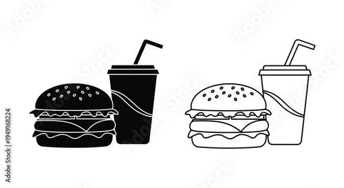 Black and white illustration of a burger and soda combo duplicated