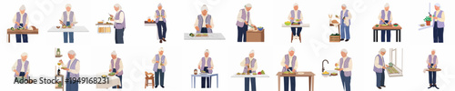 Flat illustration collection of an elderly woman preparing healthy meals like avocado toast and fresh salad in various kitchen settings.