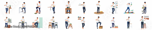 Vector illustration set featuring a stylish young man whisking ingredients in various kitchen scenarios, ideal for food and lifestyle-themed graphic design projects.
