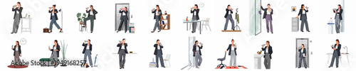 Illustrations of a Businesswoman Staying Hydrated Throughout Her Workday in Various Office Settings with a Reusable Water Bottle