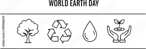 Minimalist World Earth Day Banner with Line Art Icons for Sustainability