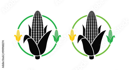 Stylized black and white illustration of two corn cobs with green husks