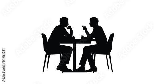 Two men in silhouette are seated at a table engaged in conversation