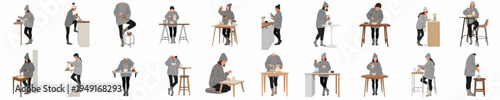 Set of flat illustrations showing women in warm sweaters preparing and enjoying healthy morning bowls in cozy domestic settings.