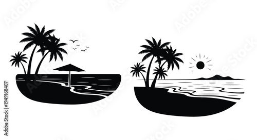 Two tropical island scenes with palm trees beach and sun