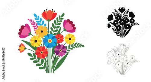 Colorful floral arrangements a vibrant bouquet shown in color silhouette and line art