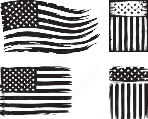 Four distressed black and white variations of the American flag featuring stripes and stars