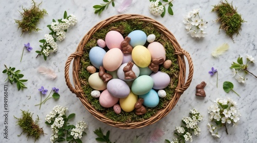 Colorful Easter eggs and chocolate bunnies in a wicker basket on a marble surface surrounded by flowers and moss