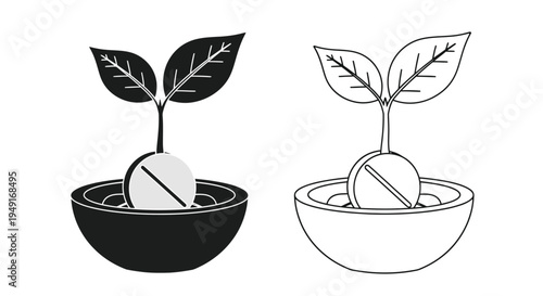 Two simple black and white illustrations of sprouting plants in pots
