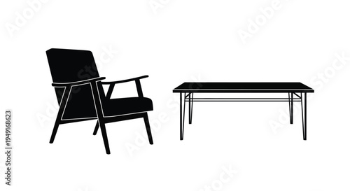 Minimalist black silhouette of an armchair and a rectangular table
