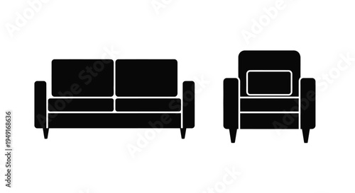 Simple black silhouettes of a sofa and armchair are displayed