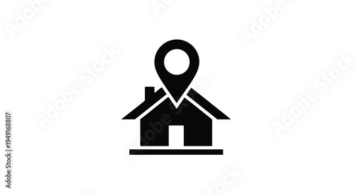 Black silhouette of a house with a location pin icon above it
