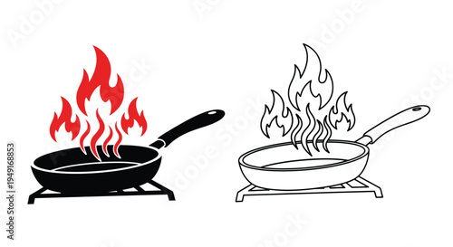 Burning frying pan illustration shown in color and monochrome versions
